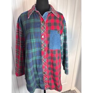 VINTAGE Patchwork‎ Plaid Denim Shirt Women Oversized Button Down Flannel